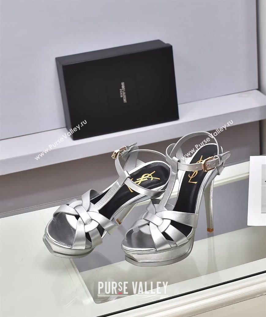 Saint Laurent Tribute Platform Sandals 14cm in Calf Leather Silver 2025 (GDX-251028145)