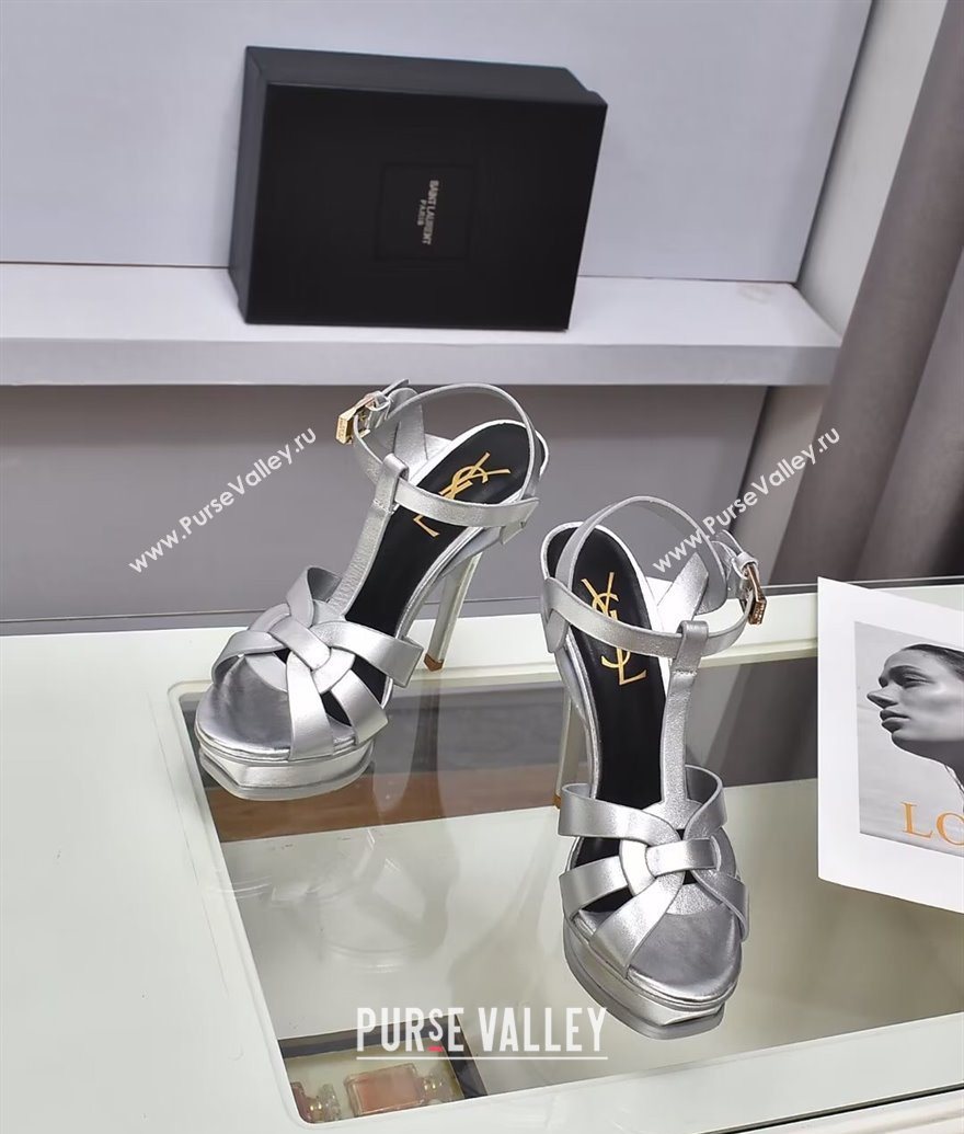 Saint Laurent Tribute Platform Sandals 14cm in Calf Leather Silver 2025 (GDX-251028145)