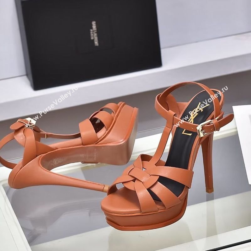Saint Laurent Tribute Platform Sandals 14cm in Calf Leather Light Brown 2025 (GDX-251028149)
