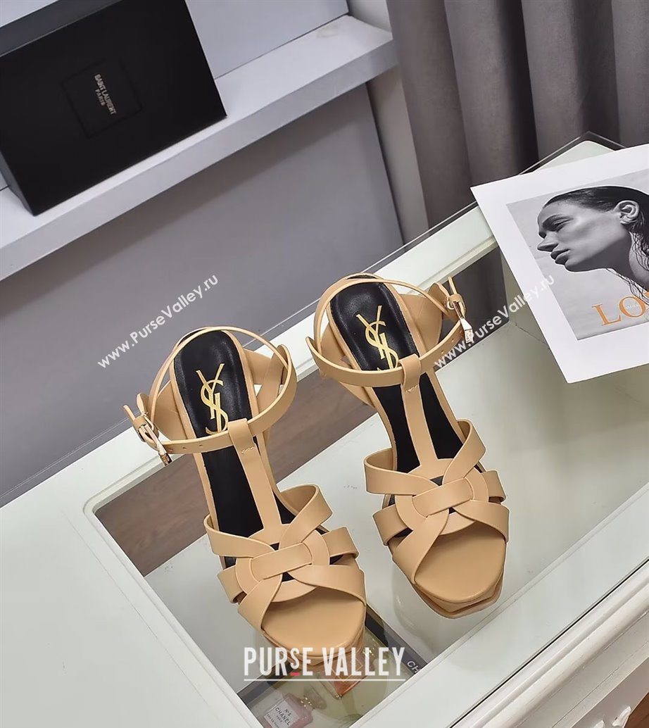 Saint Laurent Tribute Platform Sandals 14cm in Calf Leather Beige 2025 (GDX-251028148)