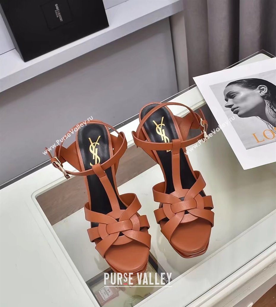 Saint Laurent Tribute Platform Sandals 14cm in Calf Leather Light Brown 2025 (GDX-251028149)