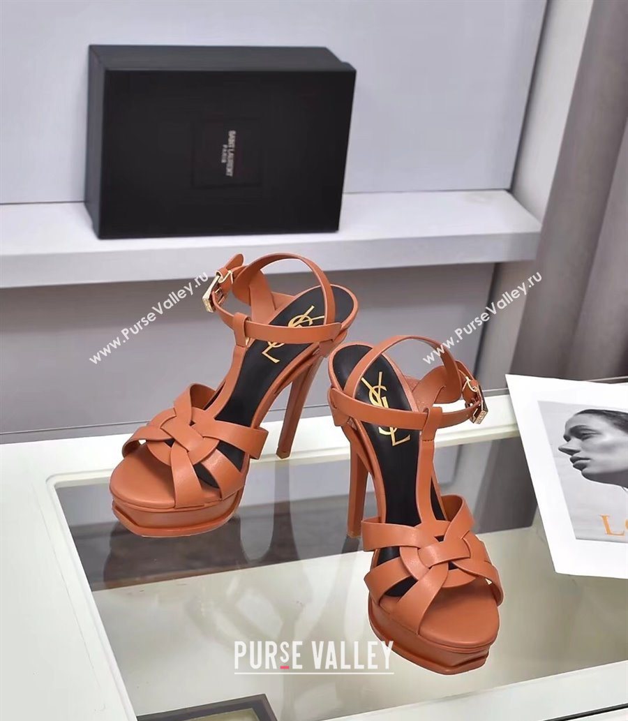 Saint Laurent Tribute Platform Sandals 14cm in Calf Leather Light Brown 2025 (GDX-251028149)
