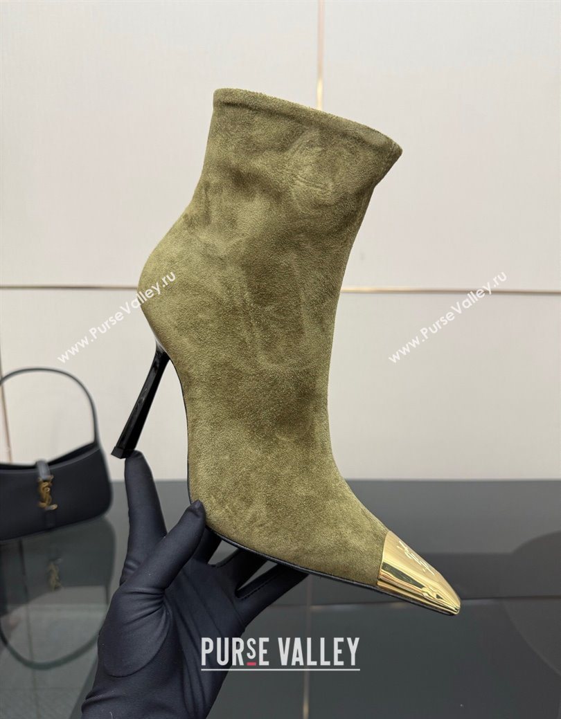 Saint Laurent Suede Heel Ankle Boots 11cm with Metallic Point Green 2025 1028 (MD-251028120)