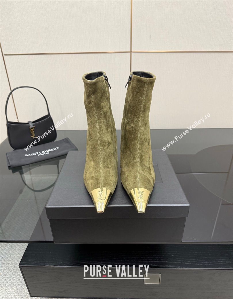 Saint Laurent Suede Heel Ankle Boots 11cm with Metallic Point Green 2025 1028 (MD-251028120)