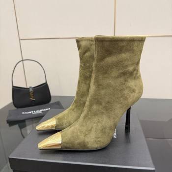 Saint Laurent Suede Heel Ankle Boots 11cm with Metallic Point Green 2025 1028 (MD-251028120)