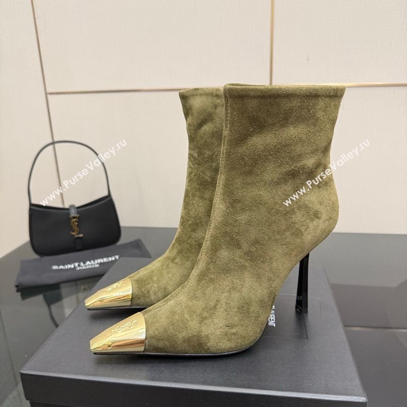 Saint Laurent Suede Heel Ankle Boots 11cm with Metallic Point Green 2025 1028 (MD-251028120)