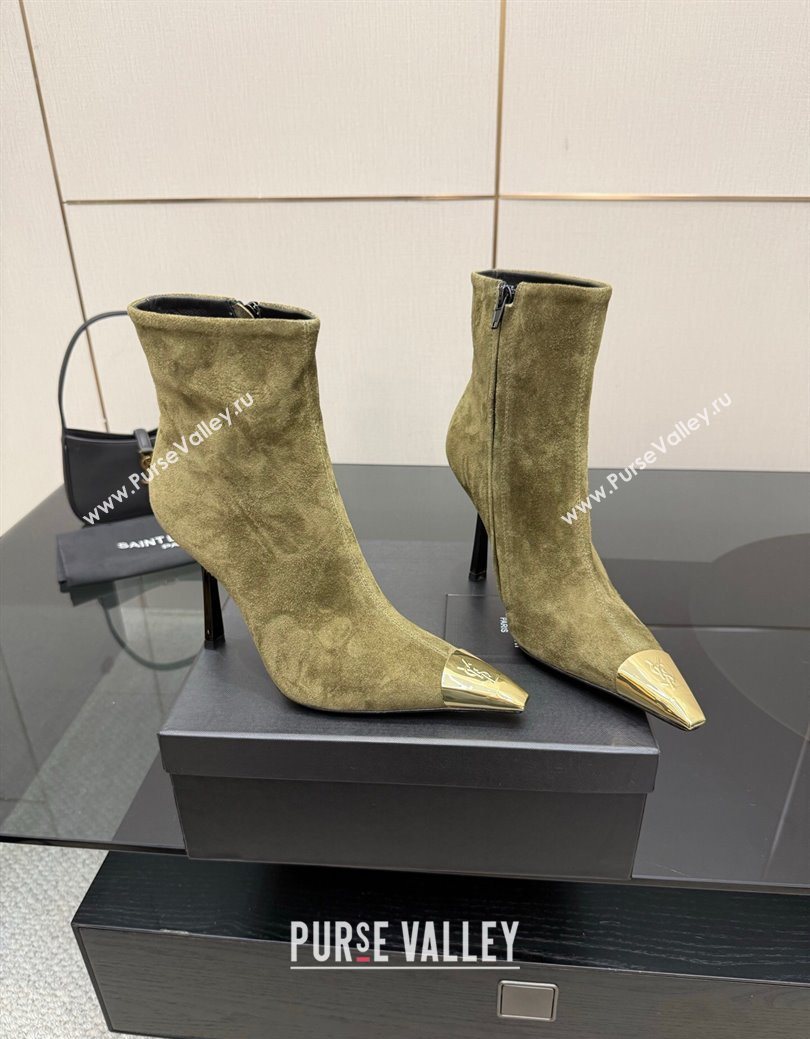 Saint Laurent Suede Heel Ankle Boots 11cm with Metallic Point Green 2025 1028 (MD-251028120)