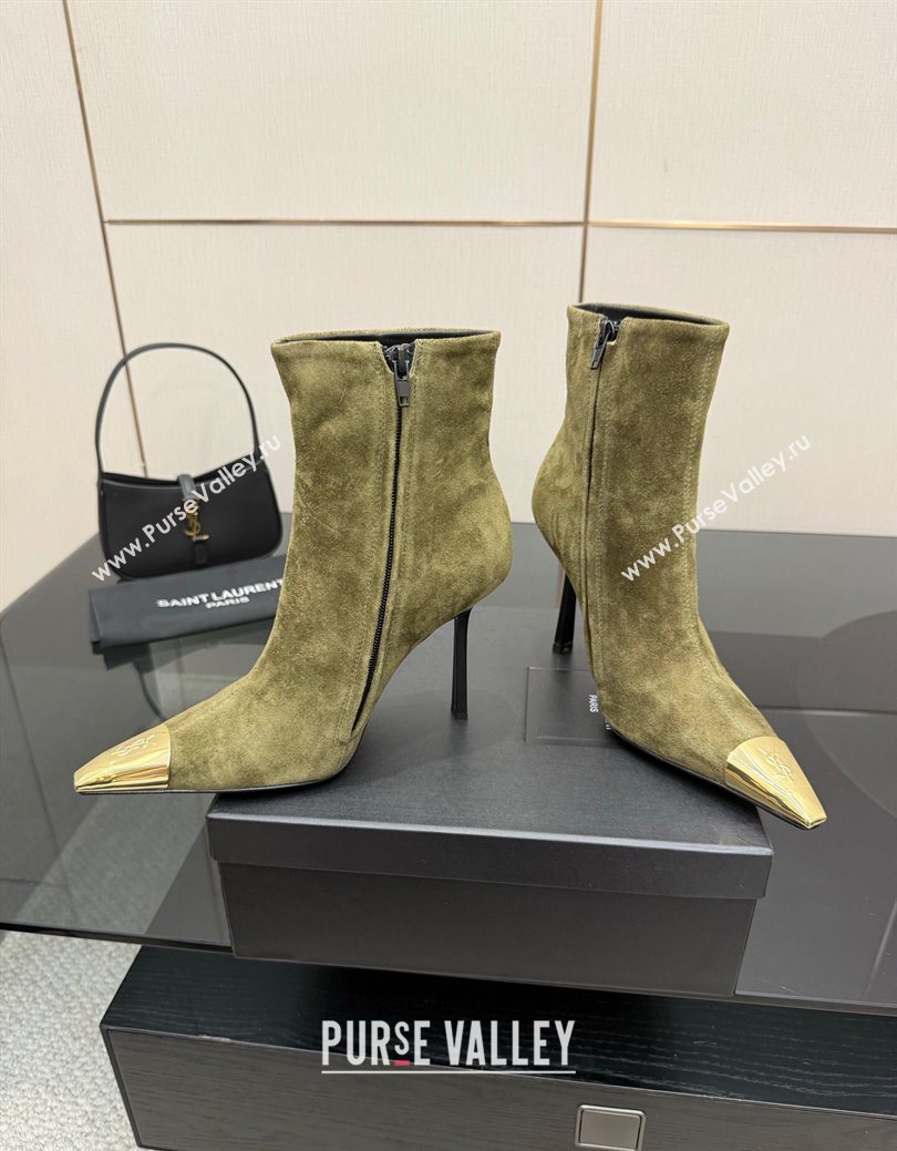 Saint Laurent Suede Heel Ankle Boots 11cm with Metallic Point Green 2025 1028 (MD-251028120)