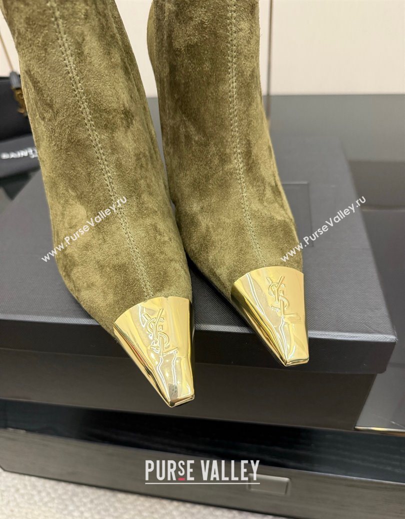 Saint Laurent Suede Heel Ankle Boots 11cm with Metallic Point Green 2025 1028 (MD-251028120)
