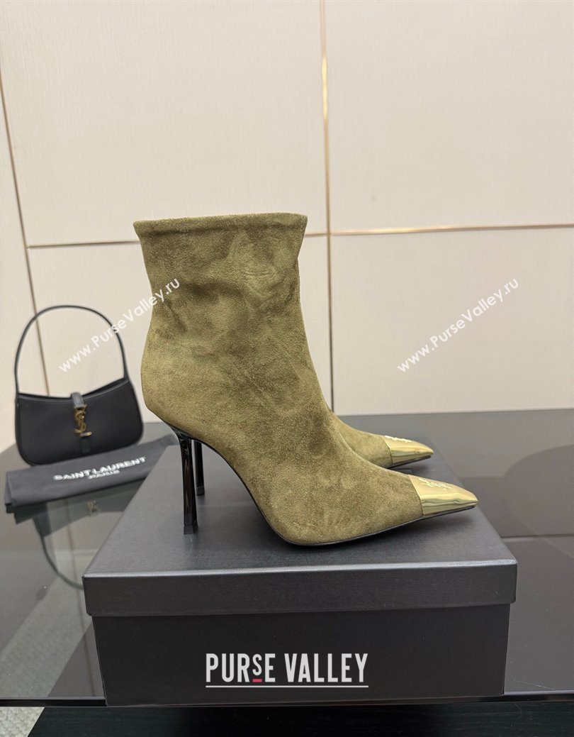 Saint Laurent Suede Heel Ankle Boots 11cm with Metallic Point Green 2025 1028 (MD-251028120)
