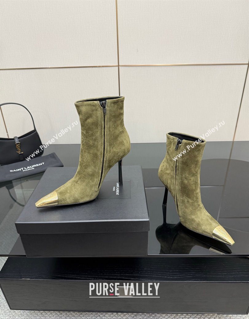 Saint Laurent Suede Heel Ankle Boots 11cm with Metallic Point Green 2025 1028 (MD-251028120)