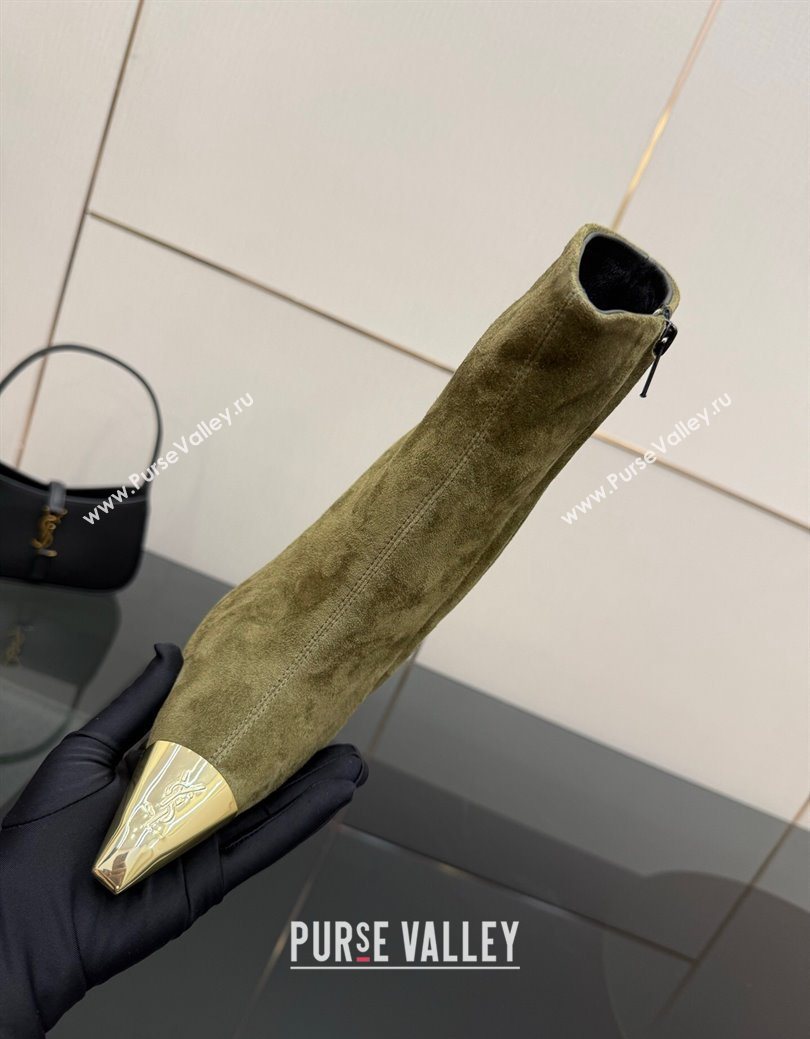 Saint Laurent Suede Heel Ankle Boots 11cm with Metallic Point Green 2025 1028 (MD-251028120)