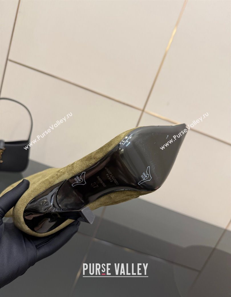Saint Laurent Suede Heel Ankle Boots 11cm with Metallic Point Green 2025 1028 (MD-251028120)