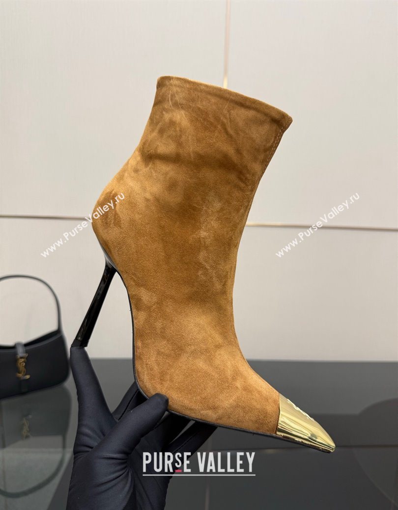 Saint Laurent Suede Heel Ankle Boots 11cm with Metallic Point Brown 2025 1028 (MD-251028121)