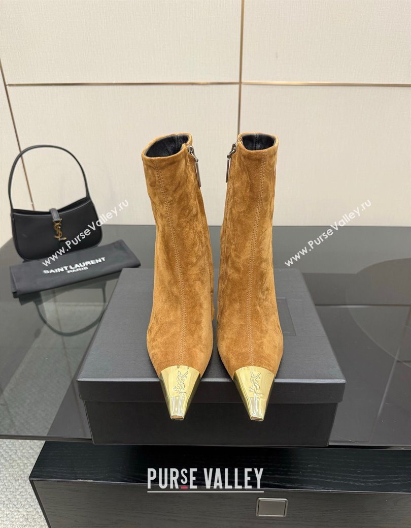 Saint Laurent Suede Heel Ankle Boots 11cm with Metallic Point Brown 2025 1028 (MD-251028121)