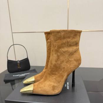 Saint Laurent Suede Heel Ankle Boots 11cm with Metallic Point Brown 2025 1028 (MD-251028121)