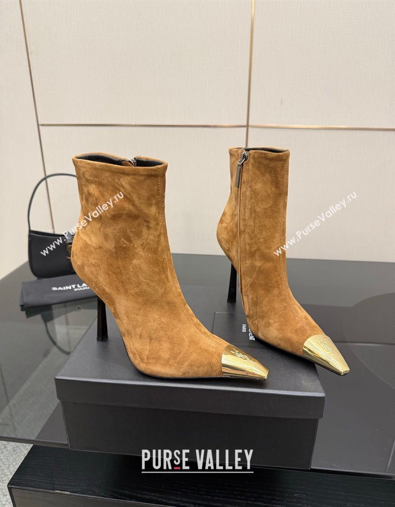 Saint Laurent Suede Heel Ankle Boots 11cm with Metallic Point Brown 2025 1028 (MD-251028121)