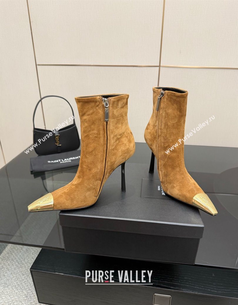Saint Laurent Suede Heel Ankle Boots 11cm with Metallic Point Brown 2025 1028 (MD-251028121)