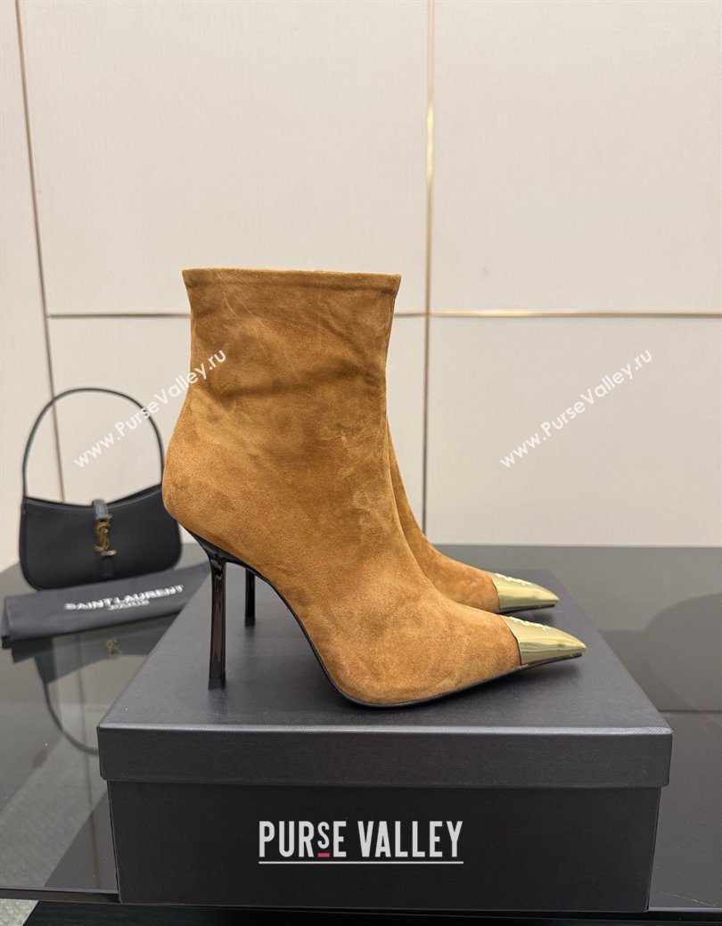 Saint Laurent Suede Heel Ankle Boots 11cm with Metallic Point Brown 2025 1028 (MD-251028121)