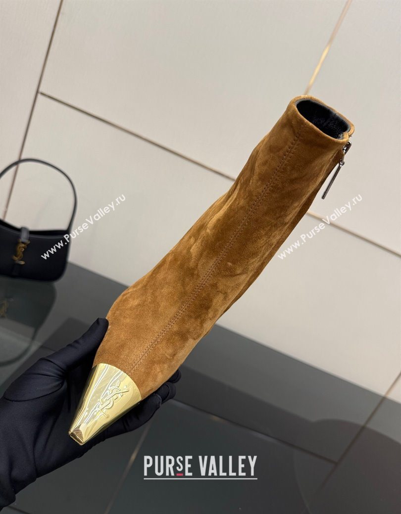 Saint Laurent Suede Heel Ankle Boots 11cm with Metallic Point Brown 2025 1028 (MD-251028121)