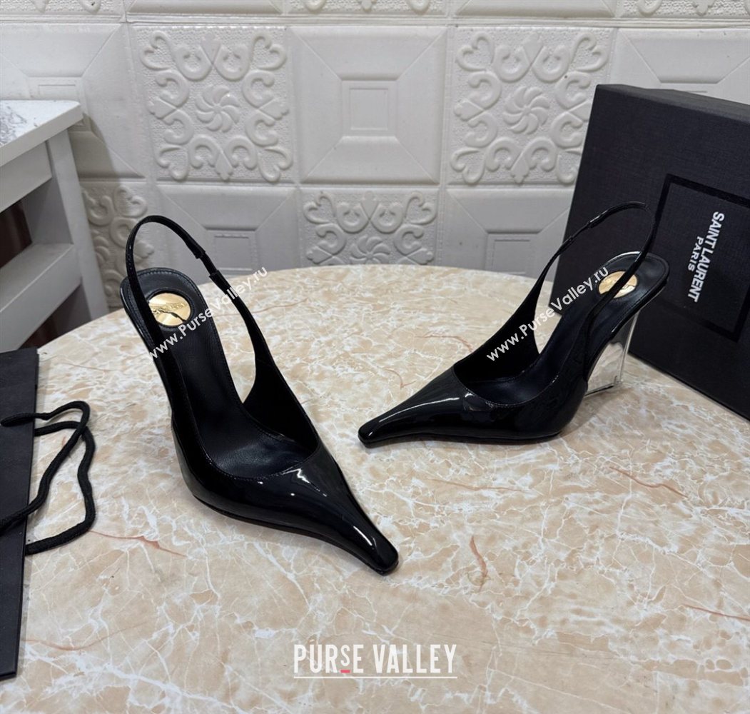Saint Laurent Pointy Slingback Wedge Pumps 10.5cm in Patent Leather Black 2025 1027 (MD-251028087)