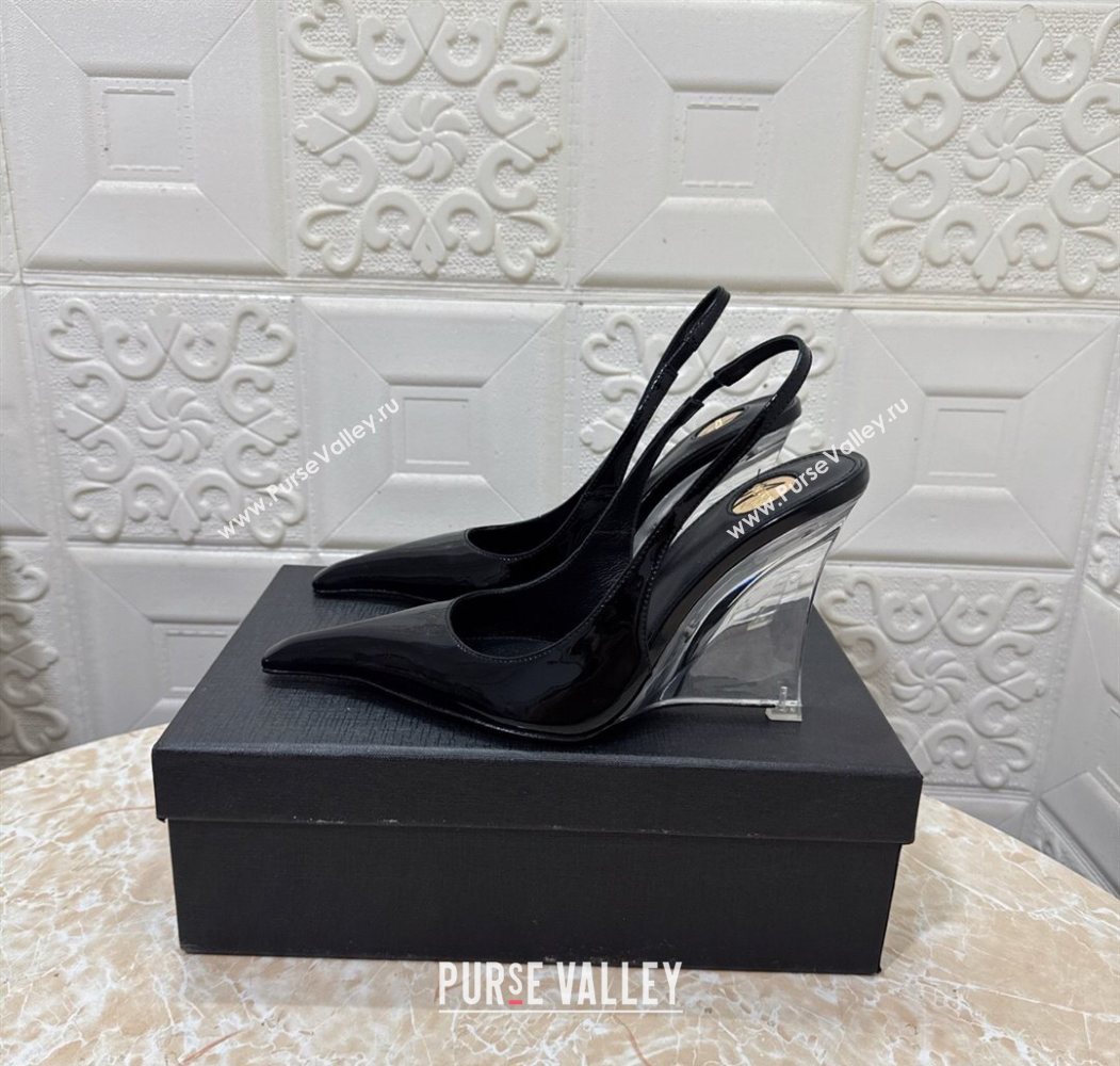 Saint Laurent Pointy Slingback Wedge Pumps 10.5cm in Patent Leather Black 2025 1027 (MD-251028087)