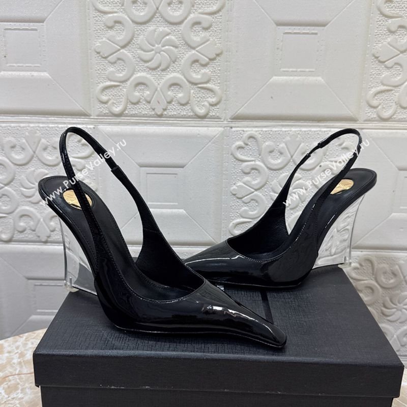 Saint Laurent Pointy Slingback Wedge Pumps 10.5cm in Patent Leather Black 2025 1027 (MD-251028087)