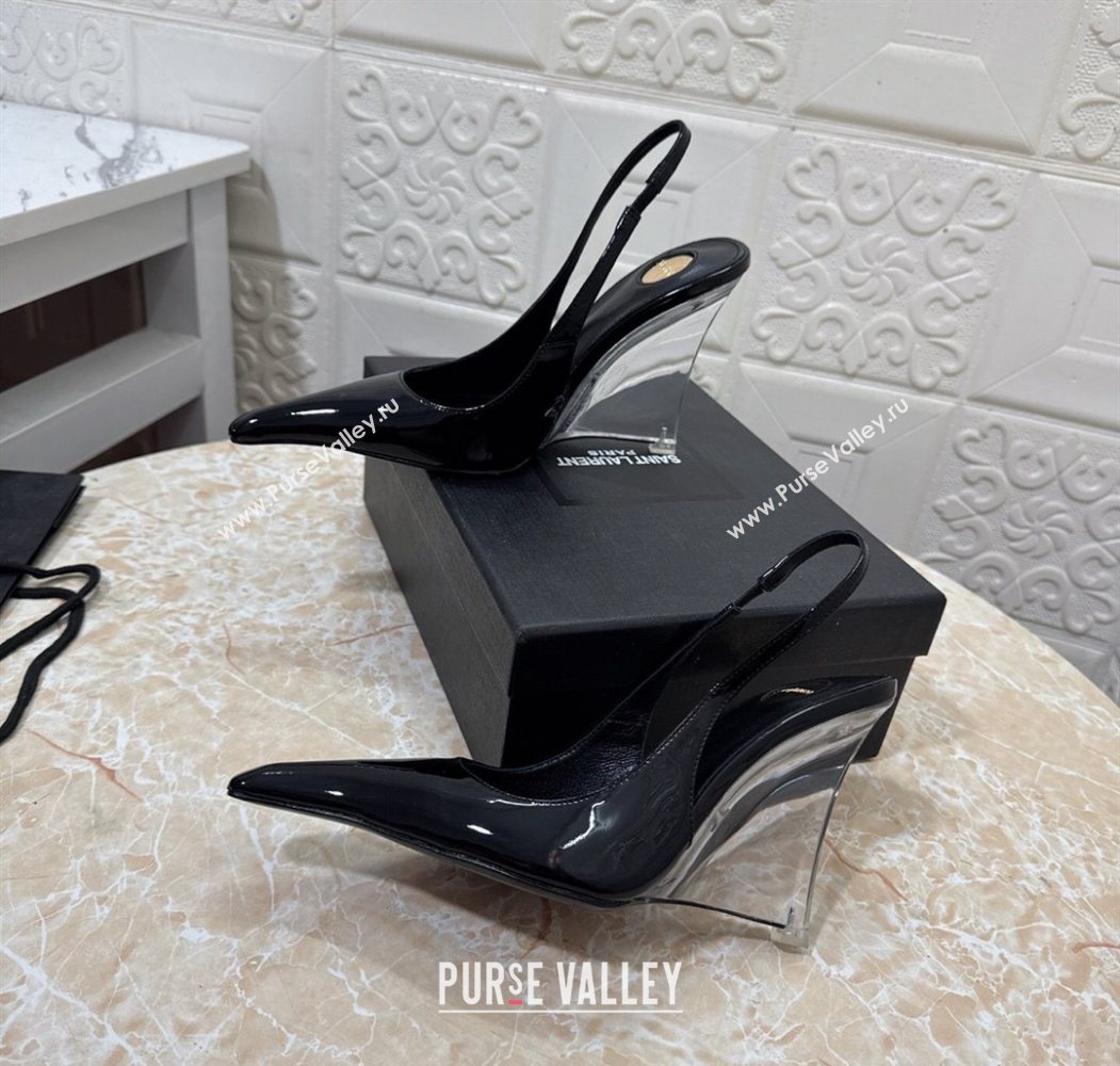 Saint Laurent Pointy Slingback Wedge Pumps 10.5cm in Patent Leather Black 2025 1027 (MD-251028087)