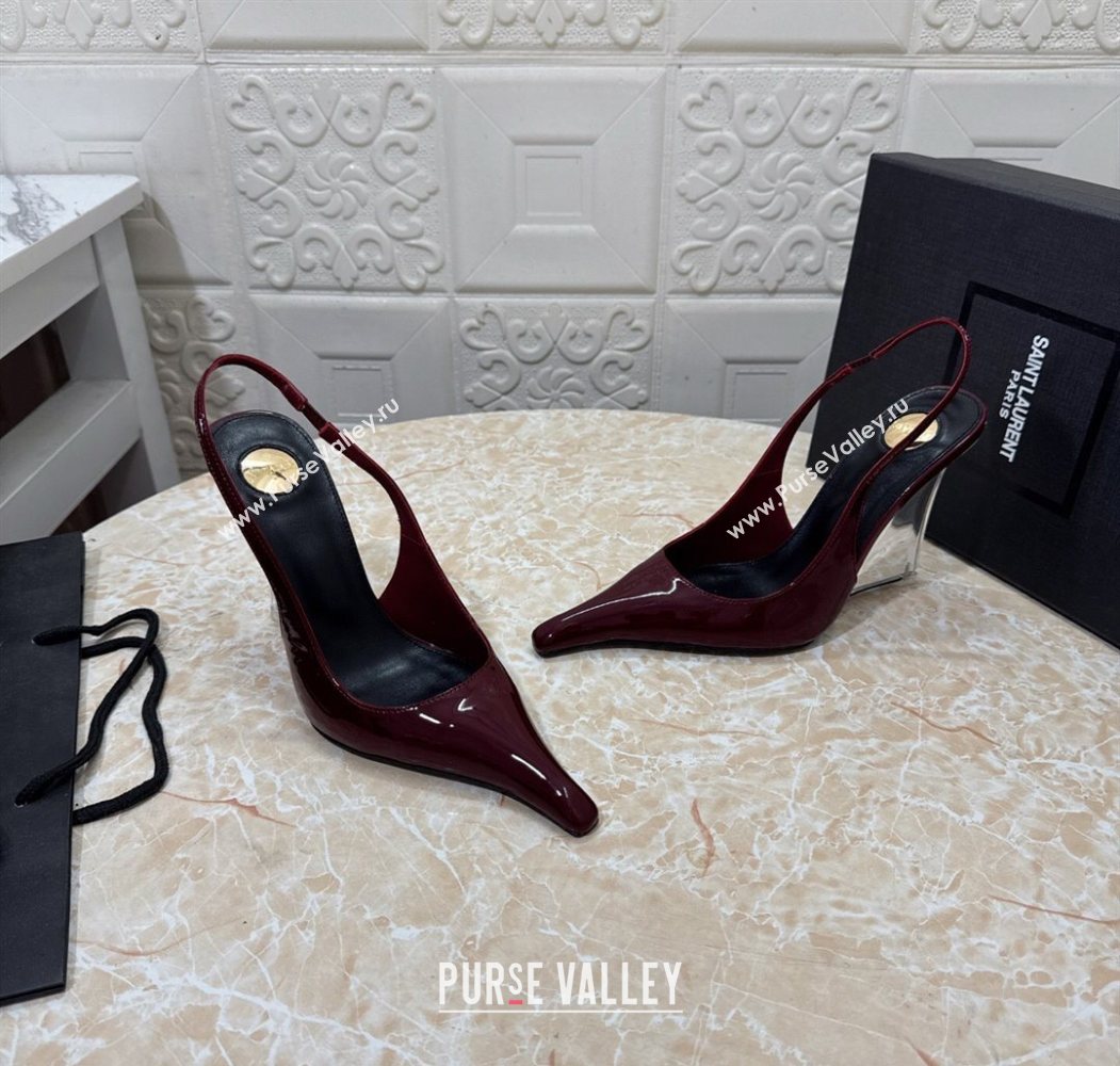 Saint Laurent Pointy Slingback Wedge Pumps 10.5cm in Patent Leather Burgundy 2025 1027 (MD-251028088)