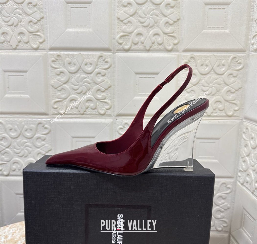 Saint Laurent Pointy Slingback Wedge Pumps 10.5cm in Patent Leather Burgundy 2025 1027 (MD-251028088)