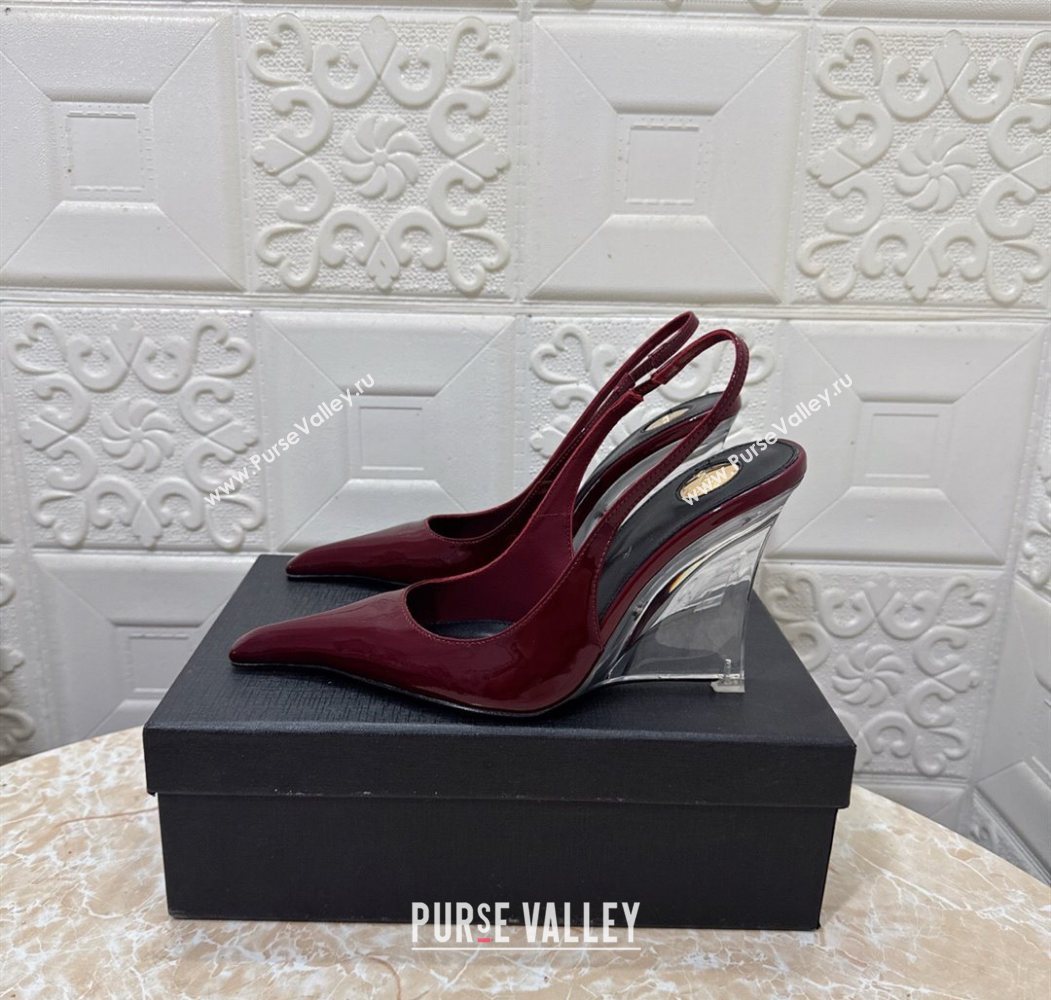 Saint Laurent Pointy Slingback Wedge Pumps 10.5cm in Patent Leather Burgundy 2025 1027 (MD-251028088)