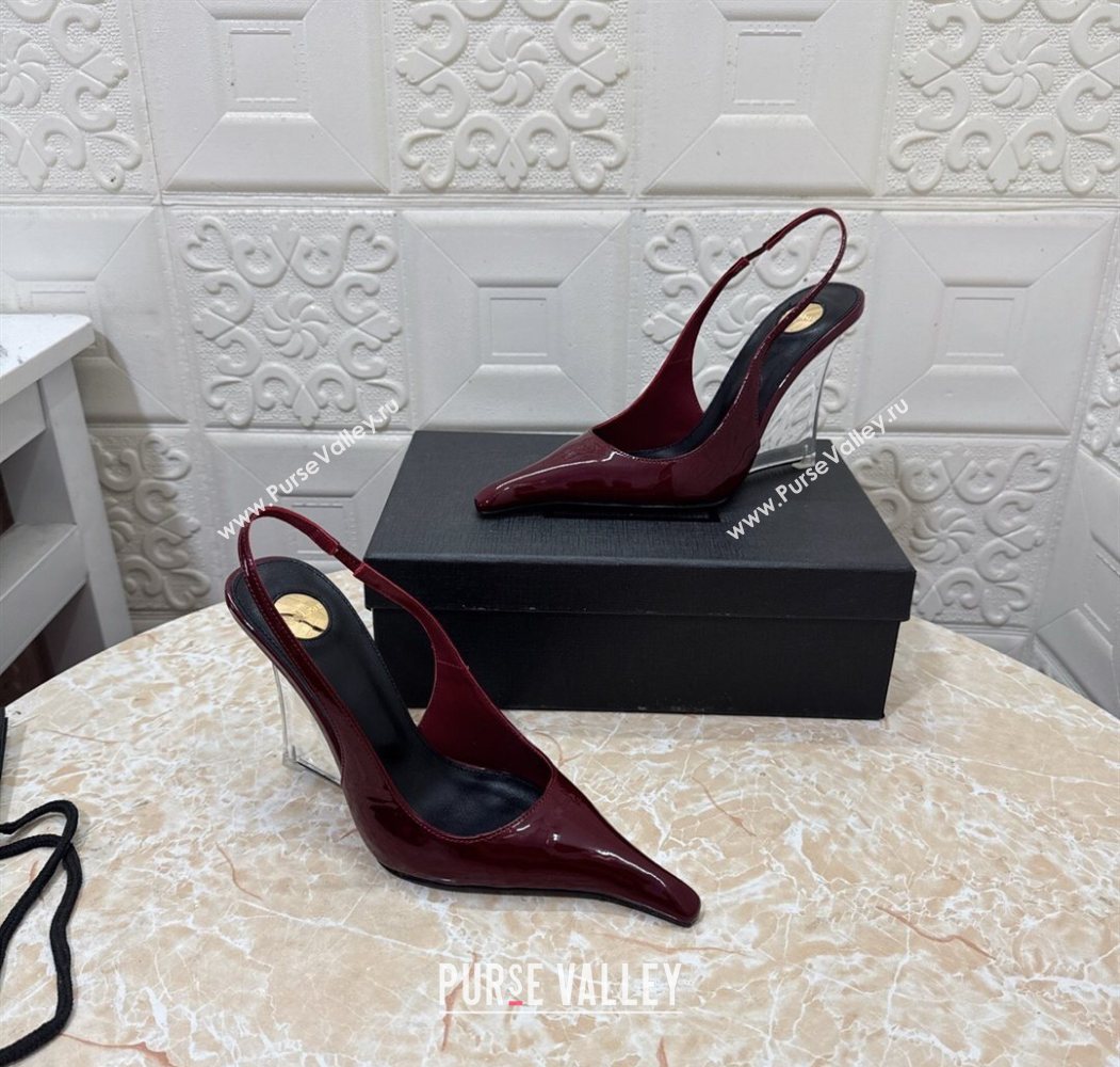 Saint Laurent Pointy Slingback Wedge Pumps 10.5cm in Patent Leather Burgundy 2025 1027 (MD-251028088)