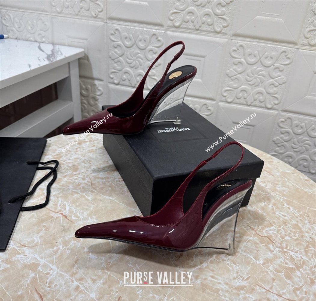 Saint Laurent Pointy Slingback Wedge Pumps 10.5cm in Patent Leather Burgundy 2025 1027 (MD-251028088)