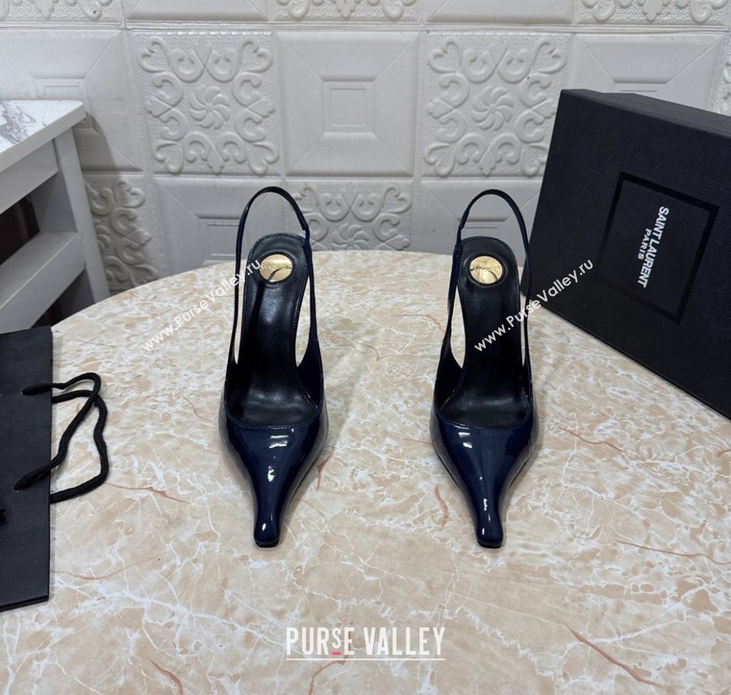 Saint Laurent Pointy Slingback Wedge Pumps 10.5cm in Patent Leather Blue 2025 1027 (MD-251028089)