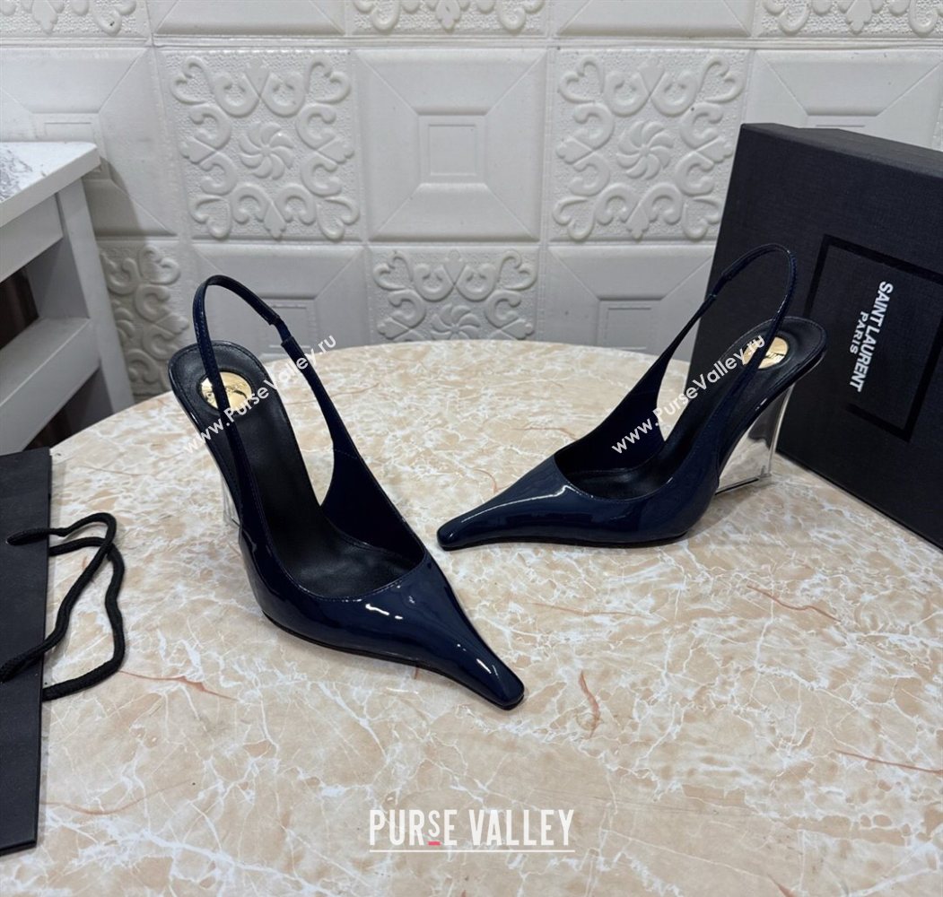 Saint Laurent Pointy Slingback Wedge Pumps 10.5cm in Patent Leather Blue 2025 1027 (MD-251028089)