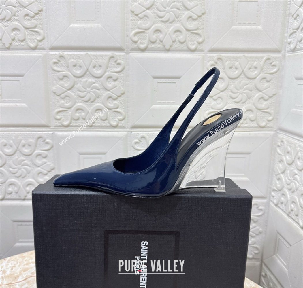 Saint Laurent Pointy Slingback Wedge Pumps 10.5cm in Patent Leather Blue 2025 1027 (MD-251028089)