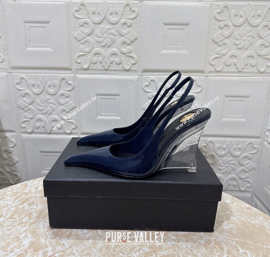 Saint Laurent Pointy Slingback Wedge Pumps 10.5cm in Patent Leather Blue 2025 1027 (MD-251028089)