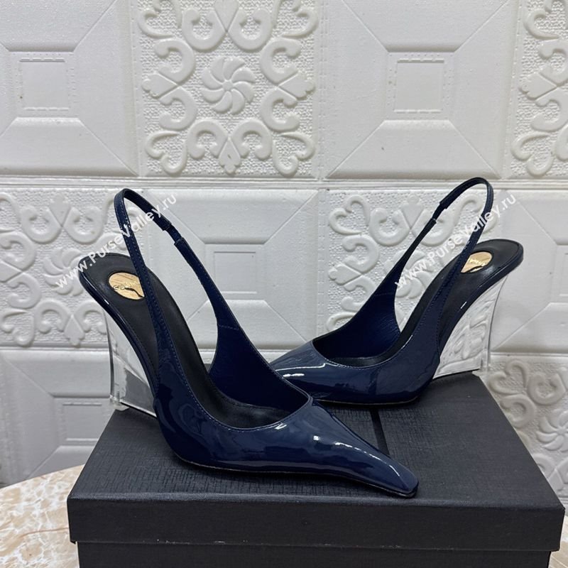 Saint Laurent Pointy Slingback Wedge Pumps 10.5cm in Patent Leather Blue 2025 1027 (MD-251028089)