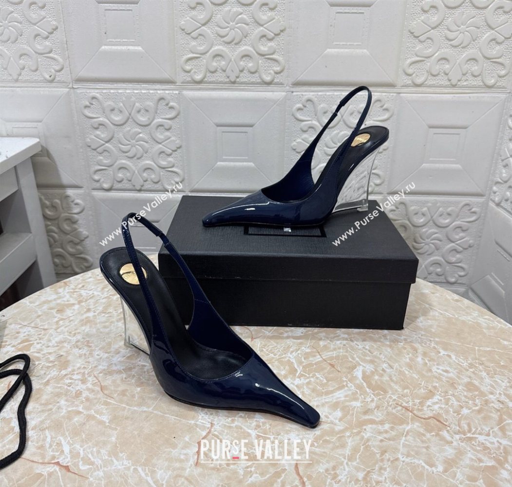 Saint Laurent Pointy Slingback Wedge Pumps 10.5cm in Patent Leather Blue 2025 1027 (MD-251028089)