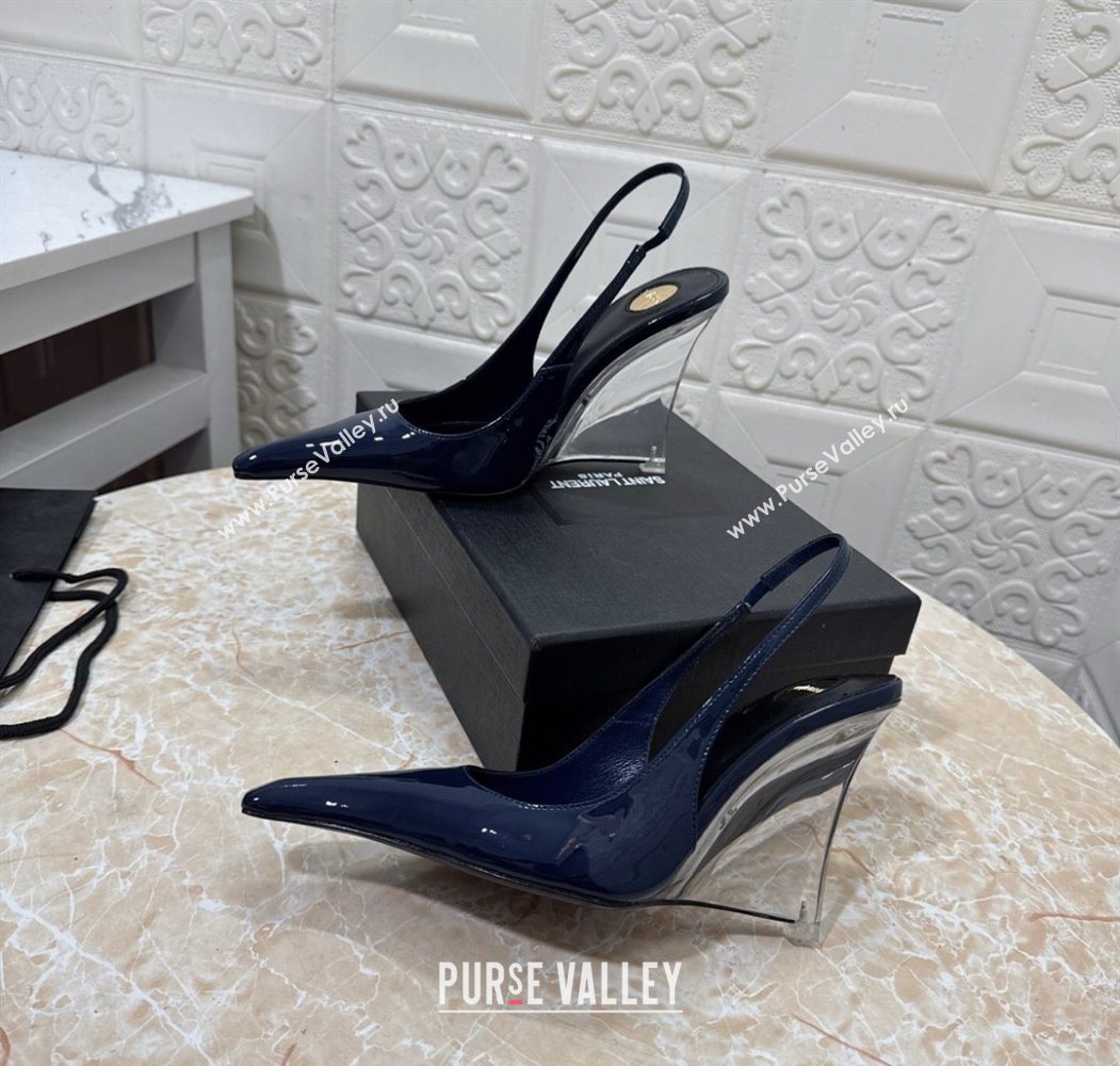 Saint Laurent Pointy Slingback Wedge Pumps 10.5cm in Patent Leather Blue 2025 1027 (MD-251028089)