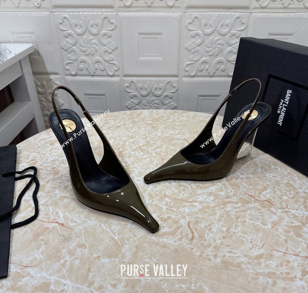 Saint Laurent Pointy Slingback Wedge Pumps 10.5cm in Patent Leather Green 2025 1027 (MD-251028090)