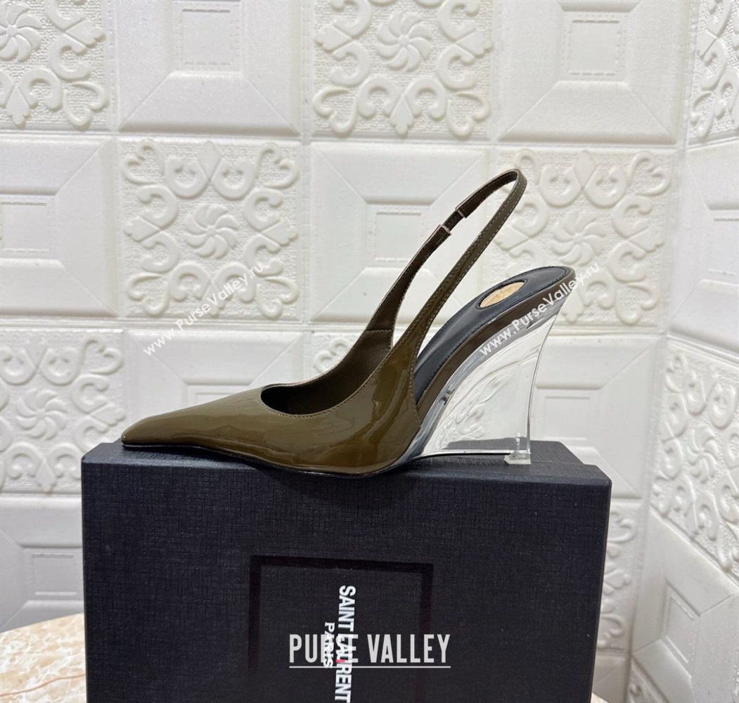 Saint Laurent Pointy Slingback Wedge Pumps 10.5cm in Patent Leather Green 2025 1027 (MD-251028090)