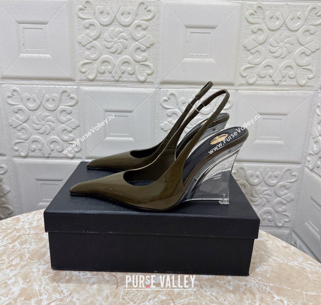 Saint Laurent Pointy Slingback Wedge Pumps 10.5cm in Patent Leather Green 2025 1027 (MD-251028090)