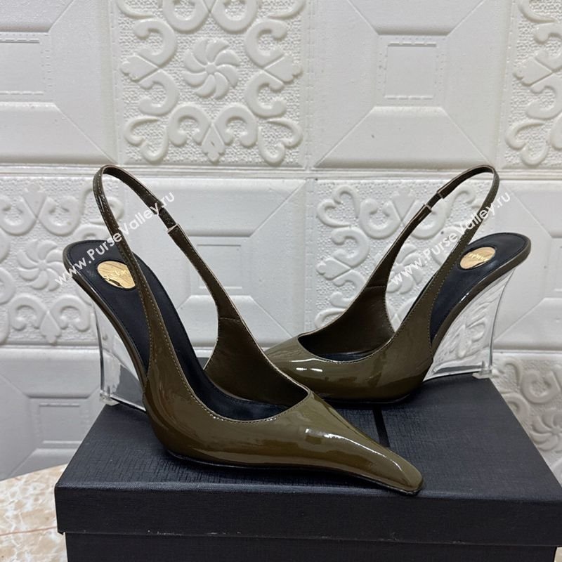 Saint Laurent Pointy Slingback Wedge Pumps 10.5cm in Patent Leather Green 2025 1027 (MD-251028090)