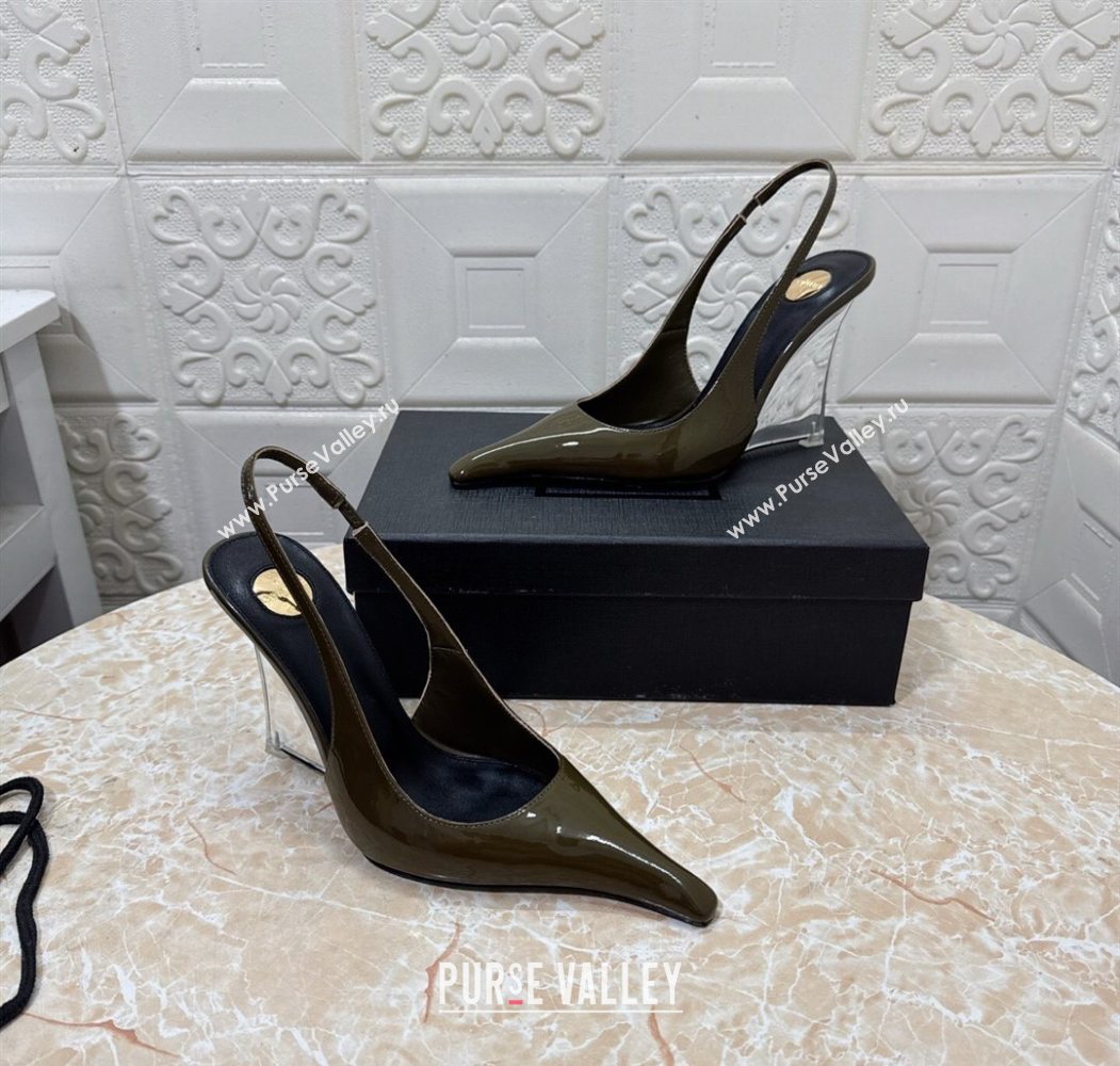 Saint Laurent Pointy Slingback Wedge Pumps 10.5cm in Patent Leather Green 2025 1027 (MD-251028090)