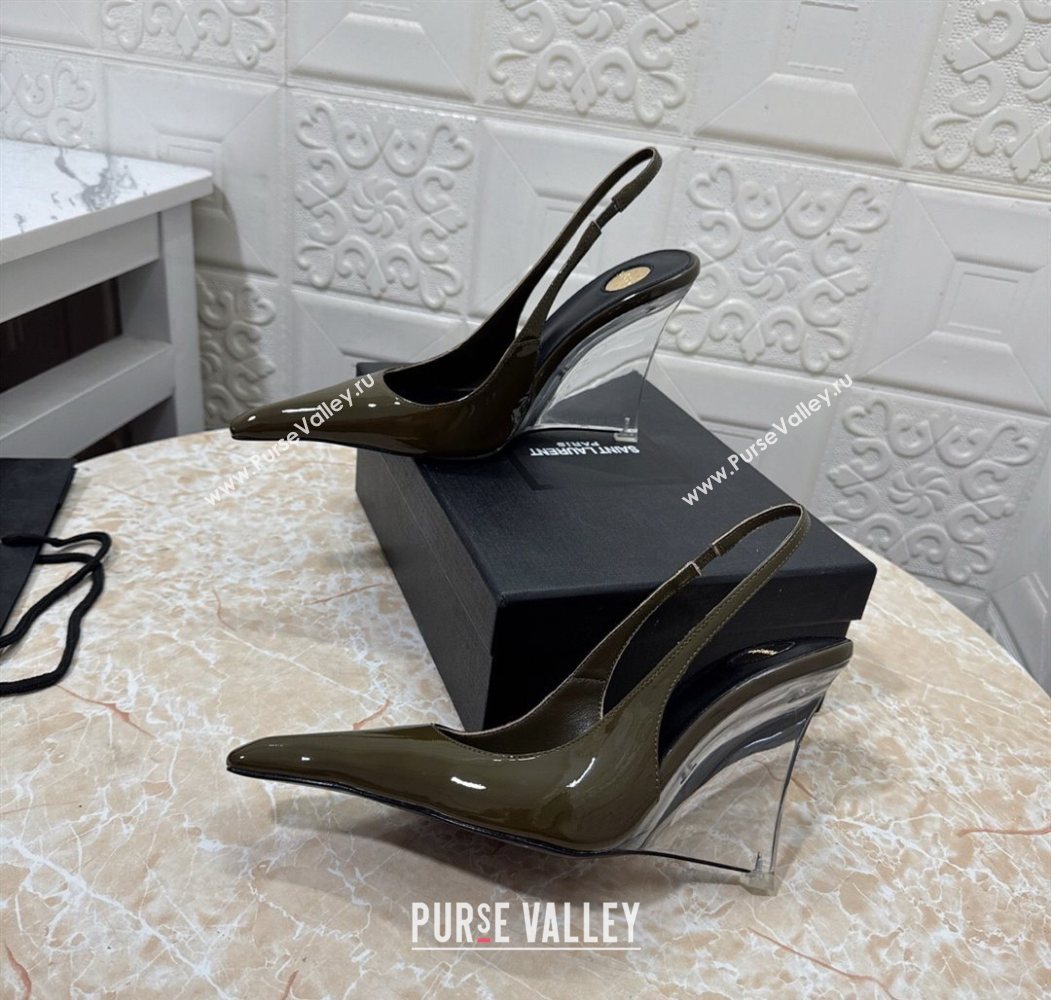 Saint Laurent Pointy Slingback Wedge Pumps 10.5cm in Patent Leather Green 2025 1027 (MD-251028090)