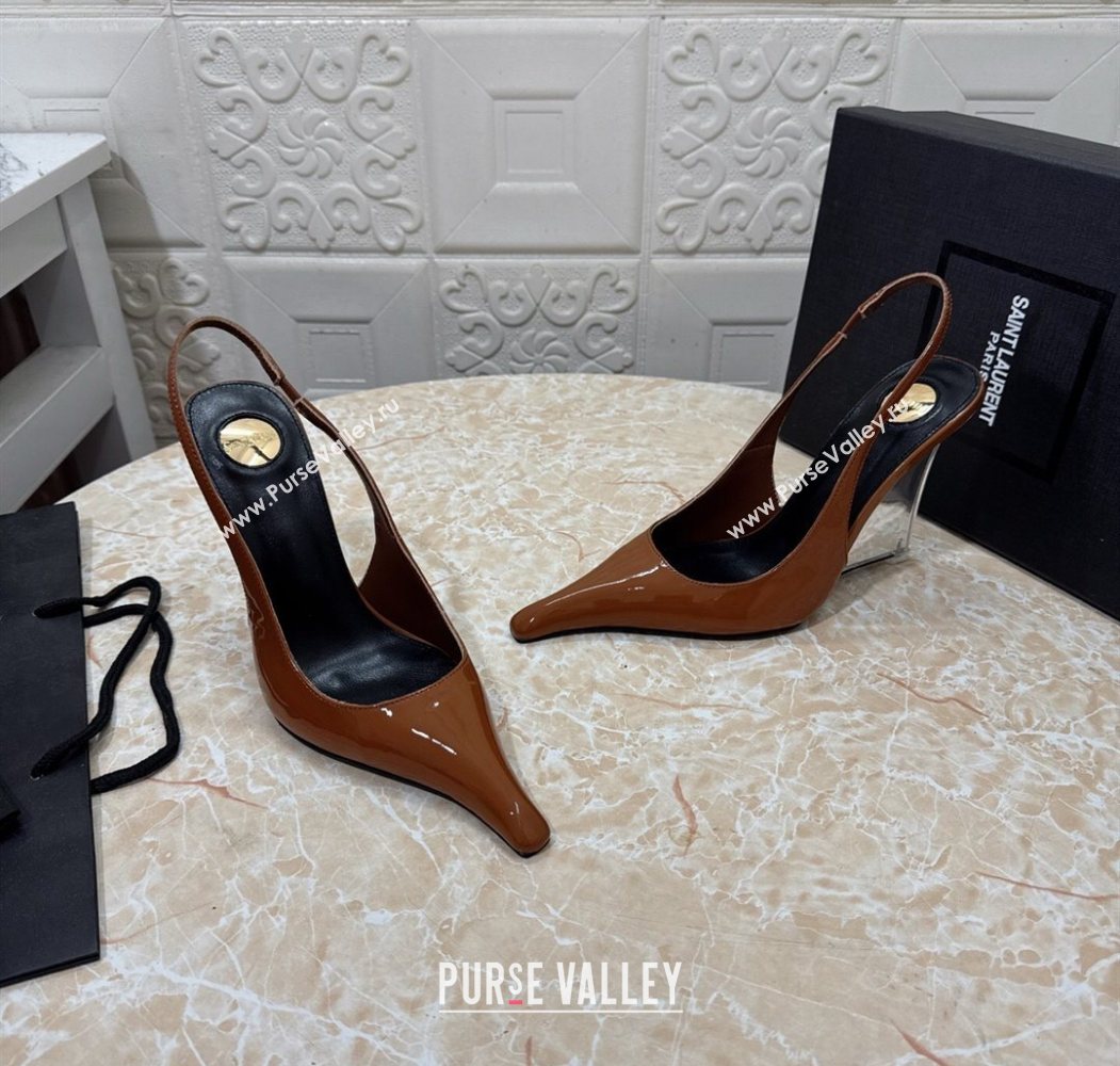 Saint Laurent Pointy Slingback Wedge Pumps 10.5cm in Patent Leather Brown 2025 1027 (MD-251028091)