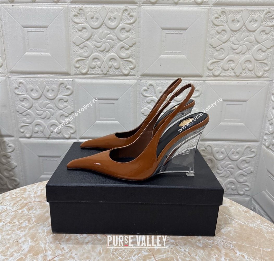 Saint Laurent Pointy Slingback Wedge Pumps 10.5cm in Patent Leather Brown 2025 1027 (MD-251028091)