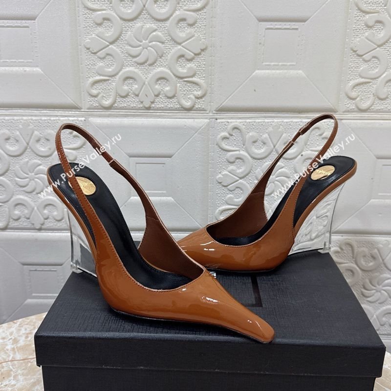 Saint Laurent Pointy Slingback Wedge Pumps 10.5cm in Patent Leather Brown 2025 1027 (MD-251028091)