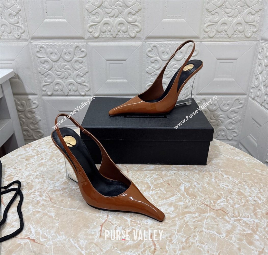 Saint Laurent Pointy Slingback Wedge Pumps 10.5cm in Patent Leather Brown 2025 1027 (MD-251028091)